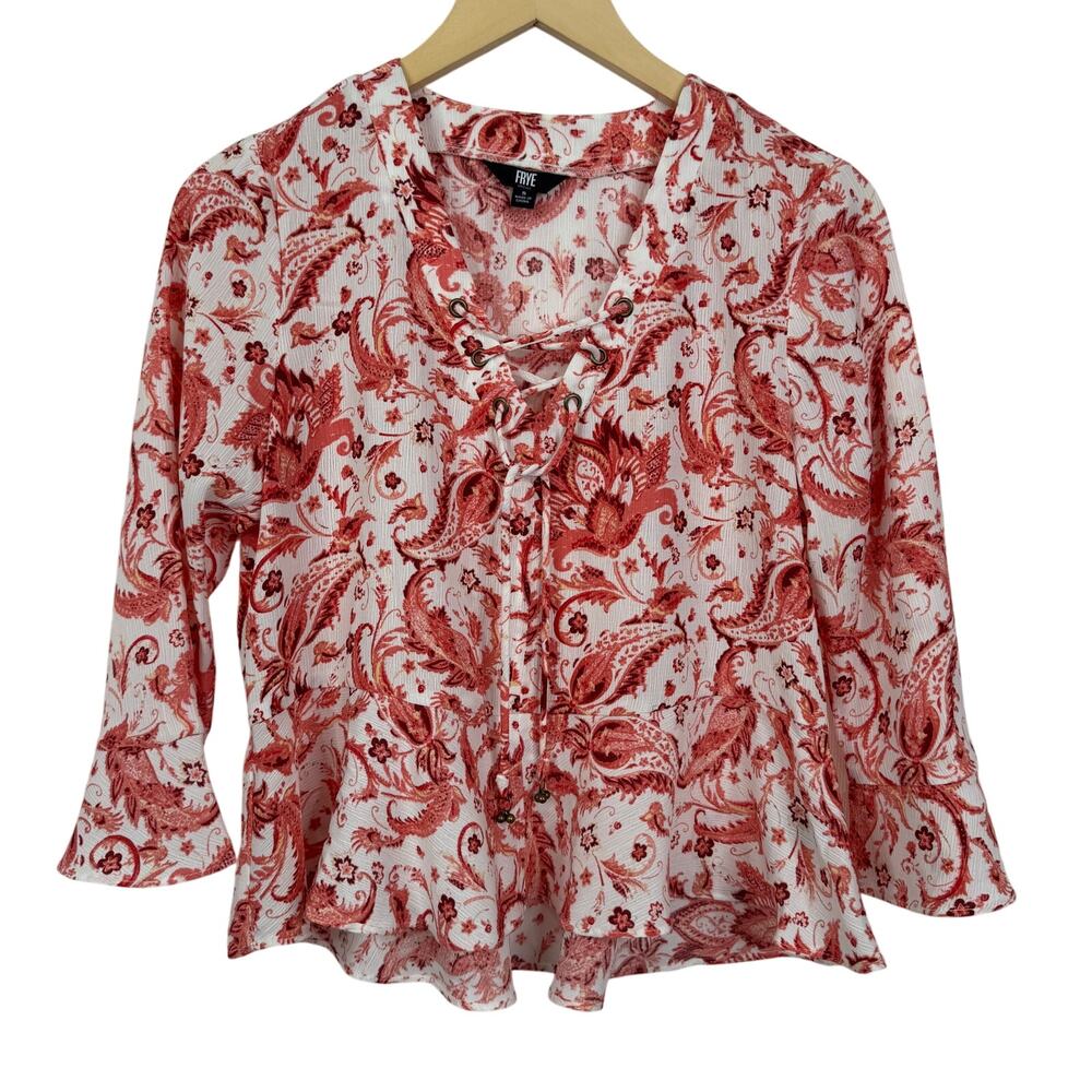 One World Red Paisley Lace-Up Women’s Top - Picture 1 of 6